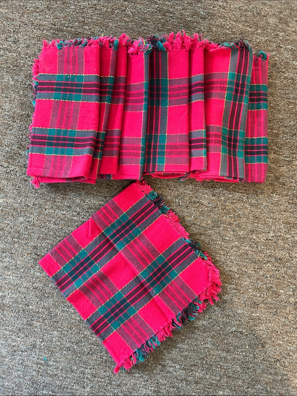 9 Vintage 80's K Mart Holiday Tartan Plaid Red/Green/Gold Metallic Thread Napkin